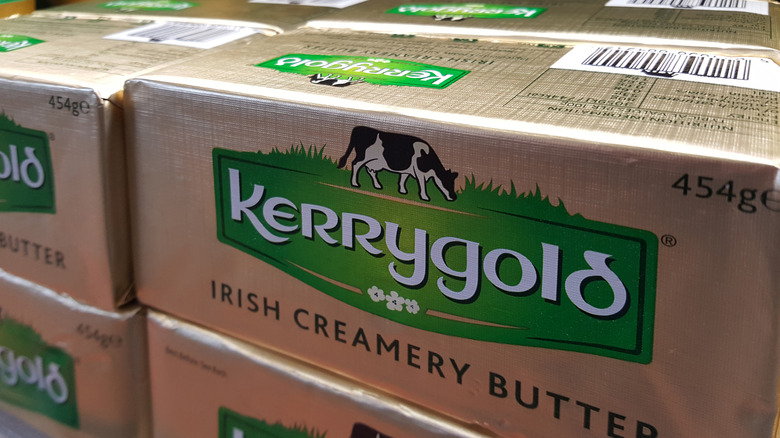 Blocks of Kerrygold butter in gold wrapping