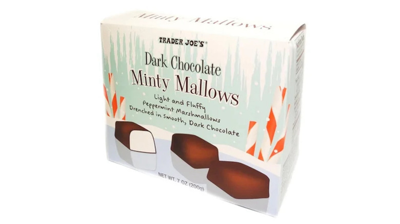 Trader Joe's Dark Chocolate Minty Mallows box on white background