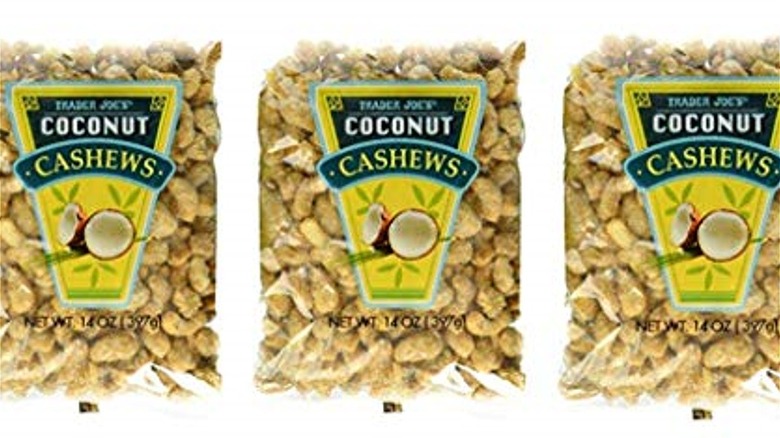 three bags of Trader Joe's Coconut Cashews.