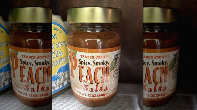 Peach salsa on pantry shelf