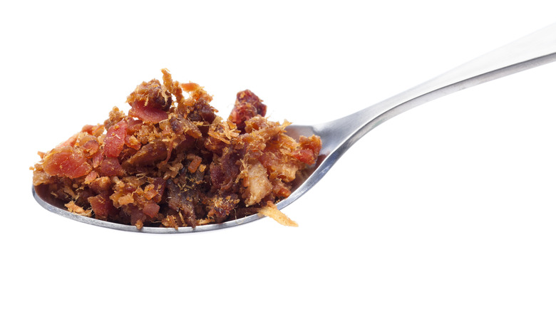 Crumbled bacon bits on spoon