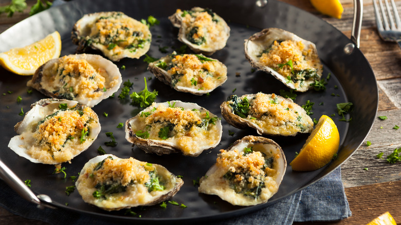 Oysters Rockefeller on skillet