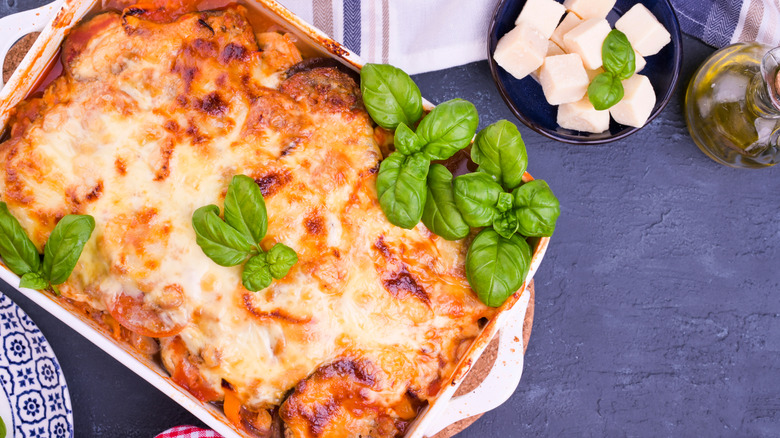 Zucchini lasagna topped with basil