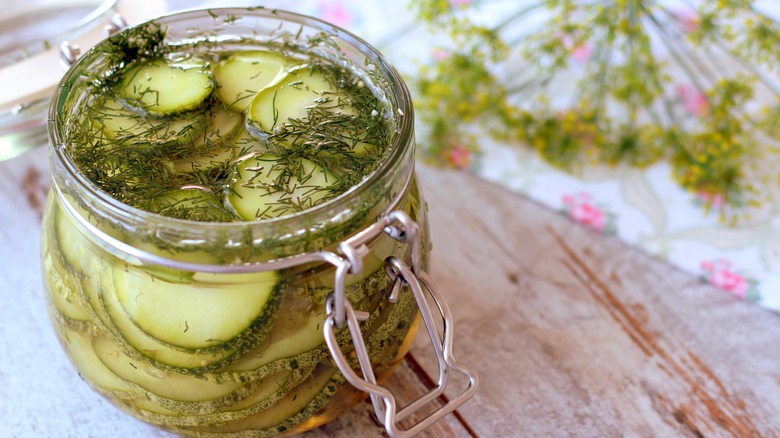 Pickled zucchini in glass jar