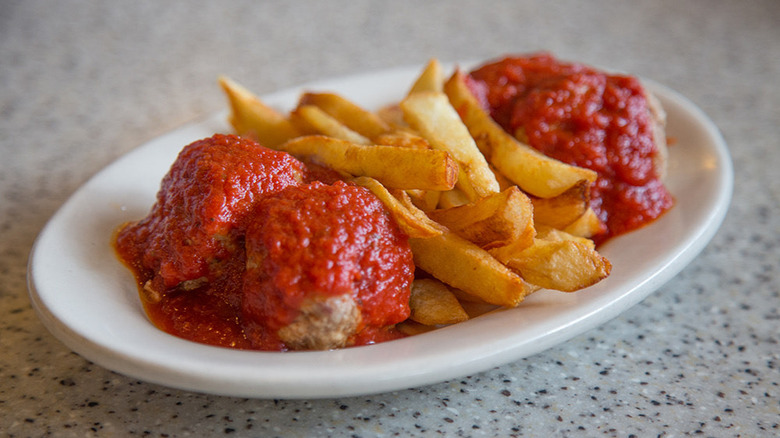 plate of meatballs and french fries