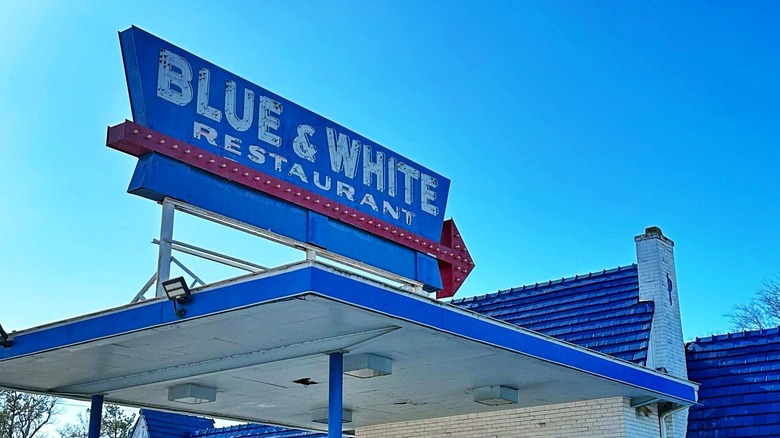 Blue and White exterior sign
