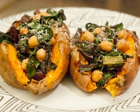 Baked Sweet Potato With Rainbow Swiss Chard and Chickpeas