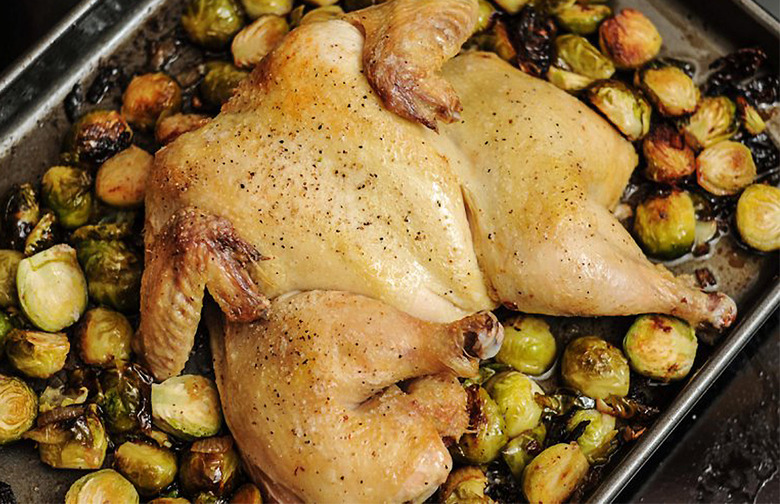 Roasted Chicken With Bacon-Glazed Brussels Sprouts and Caramelized Onions