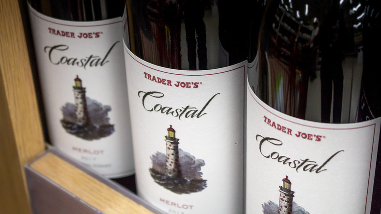 Bottles of Trader Joe's merlot wine