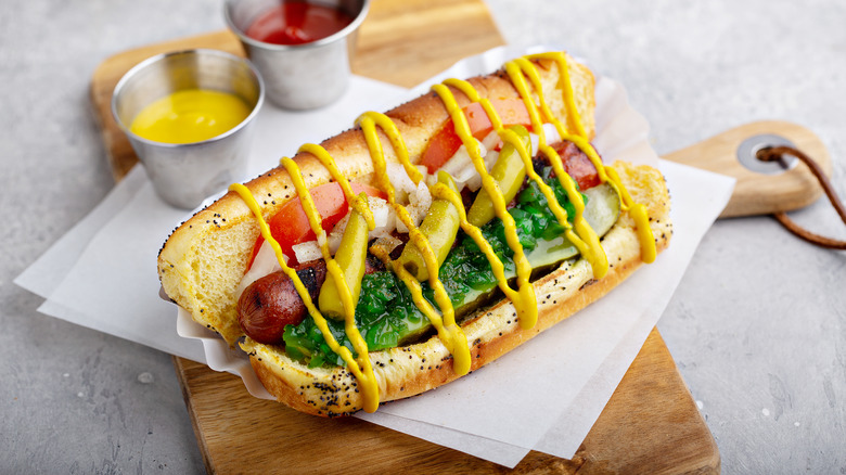 Chicago-style hot dog on board