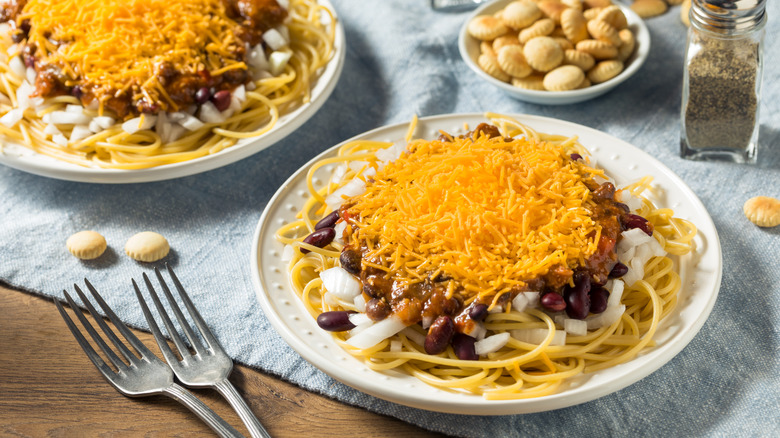 Cincinnati chili with spaghetti plate