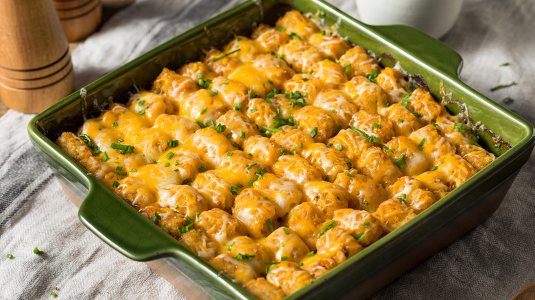 Tater tot hotdish on table