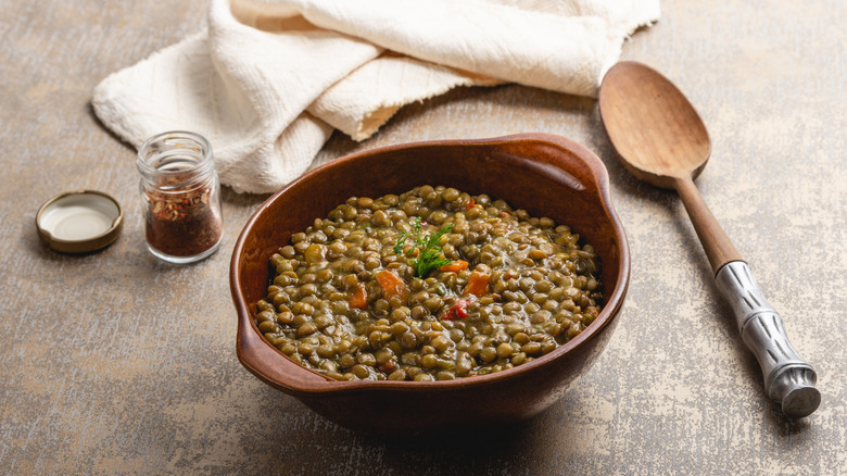 Cooked lentils in bowl