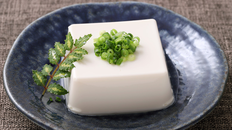 Silken tofu in blue bowl