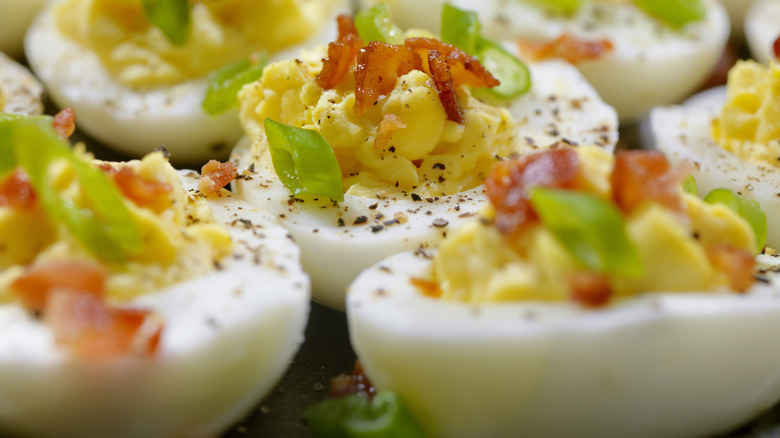 close up of deviled eggs