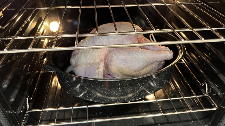 Raw turkey in oven