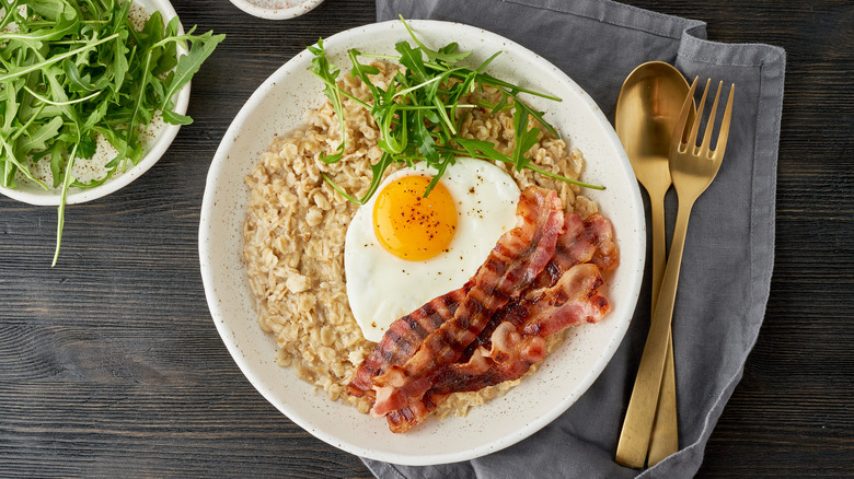 Bacon and egg on oatmeal