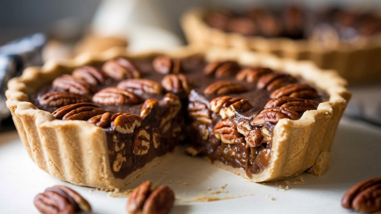 Closeup of a pecan pie tart, cut open to show the pecans inside