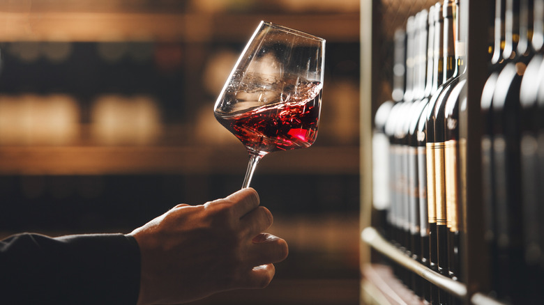 Sommelier swirling glass of red wine in a wine cellar