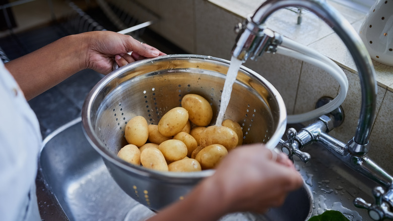 person rinsing potatoes in colander