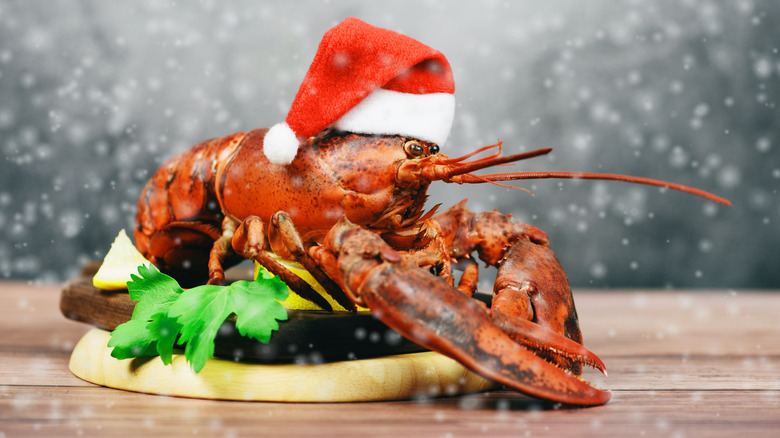 Cooked lobster with Santa hat