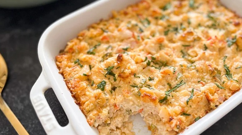 crab casserole in white dish