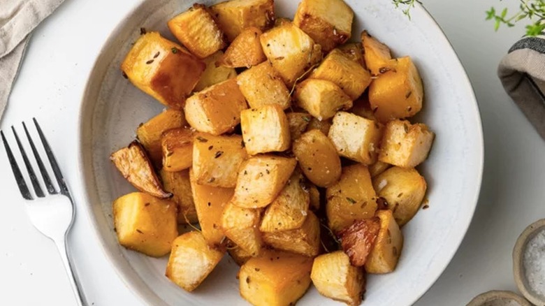 lemon roasted rutabaga in bowl