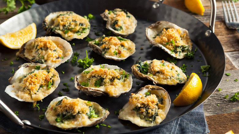 oysters Rockefeller on a pan