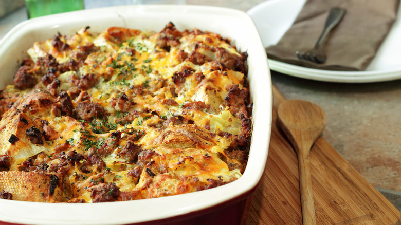 Chorizo Bread Pudding in dish