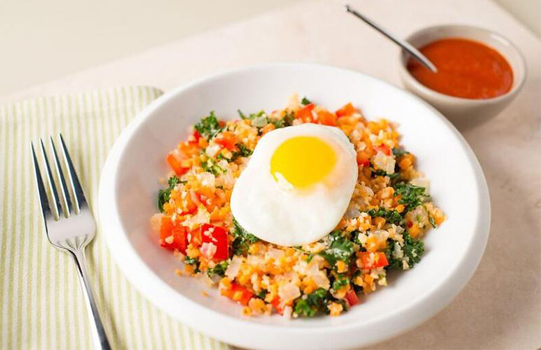 Two Potato, Cauliflower, and Sweet Potato Hash With a Fried Egg