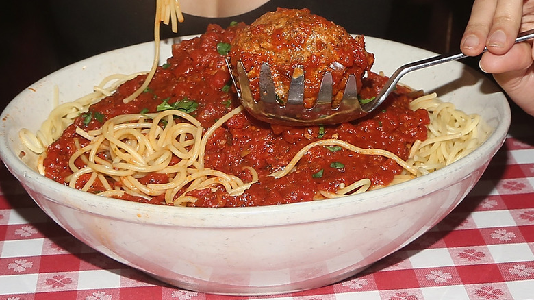 Buca di Beppo spaghetti and meatballs