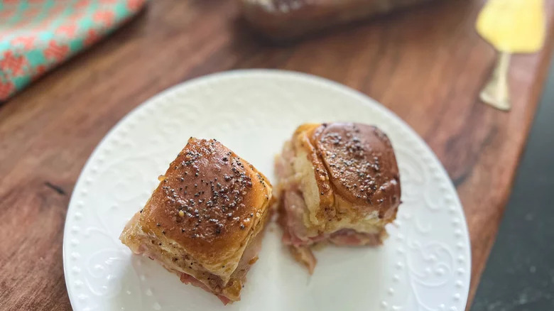 Pair of baked ham and cheese sliders