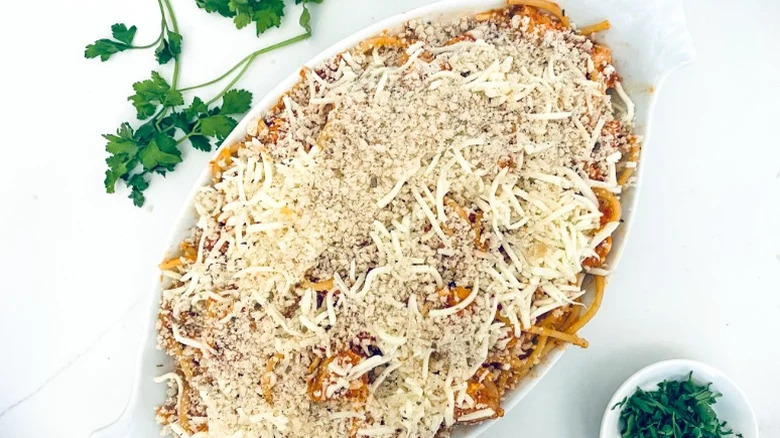 Dish of chicken spaghetti casserole