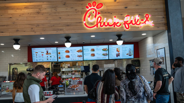 Customers in line at a Chick-fil-A location