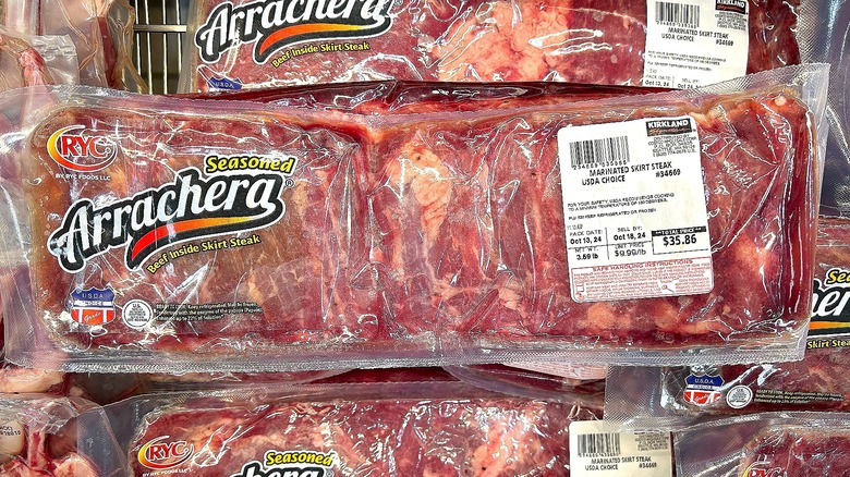 Package of seasoned Arrachera marinated skirt steak USDA choice from Costco