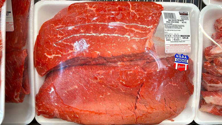 Package of beef round top round steak USDA choice from Costco