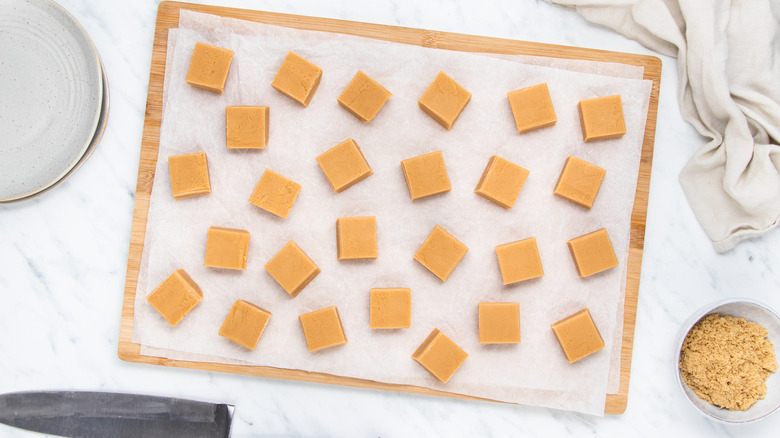 fudge cubes on cutting board