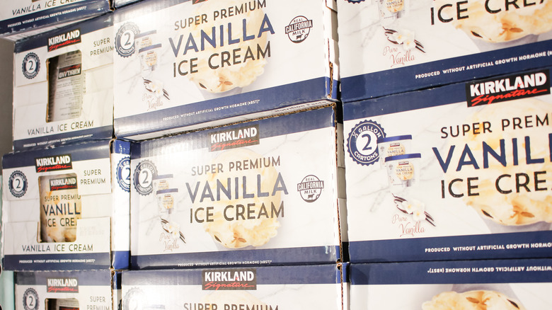 Boxes of Kirkland vanilla ice cream