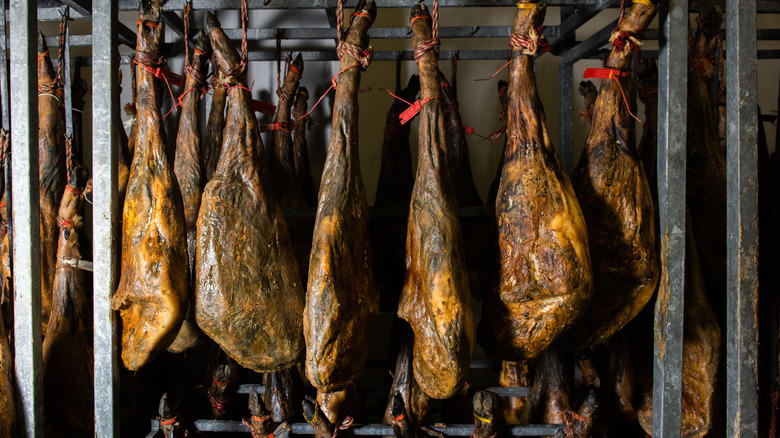 Hanging jamon Serrano hams