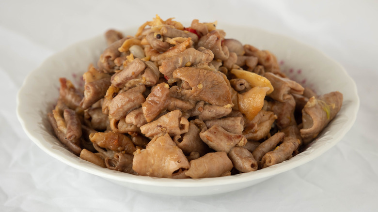 Bowl of fried pork chitterlings