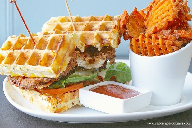 Southern-Fried Belgian Butter Milk Fried Chicken and Cheesy Waffle Sandwich From D Bar