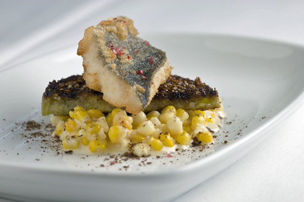 2. Tempura Trout on Fried Green Tomatoes and Creamed Corn