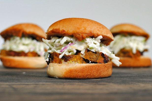 Curried Pork Sliders with Peanut Sauce and Apple Slaw