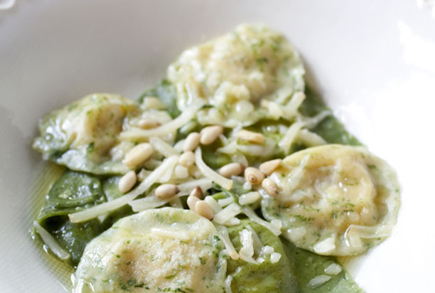 Halibut Ravioli with Smoked Scamorza and Spicy Spinach Sauce