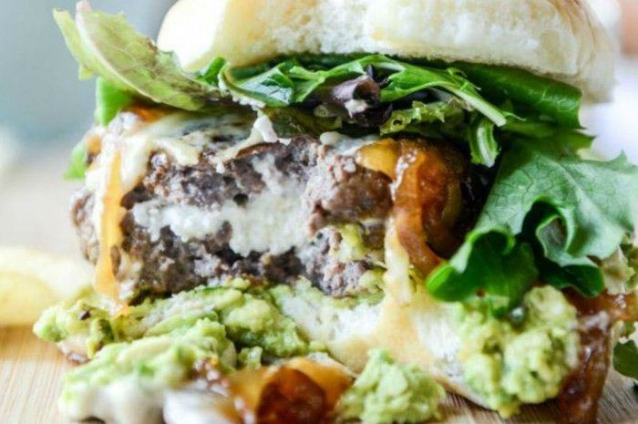 Goat Cheese Guac Burgers With Cheddar and Caramelized Onions