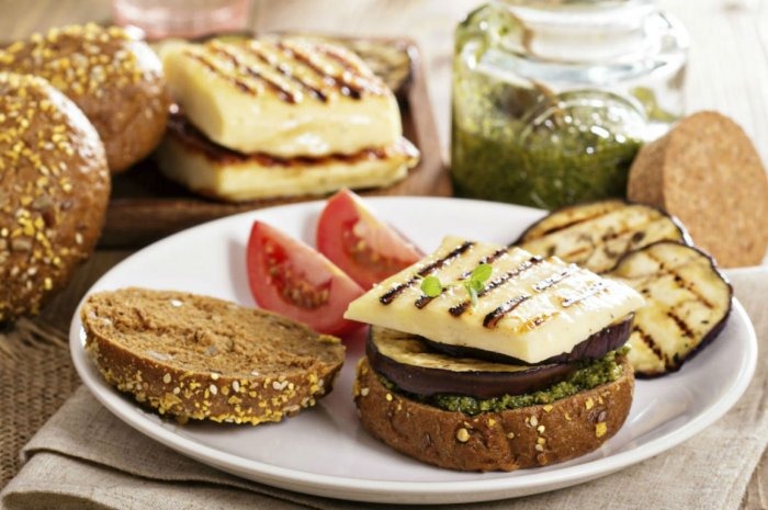 Grilled Eggplant, Halloumi, and Pesto Burger