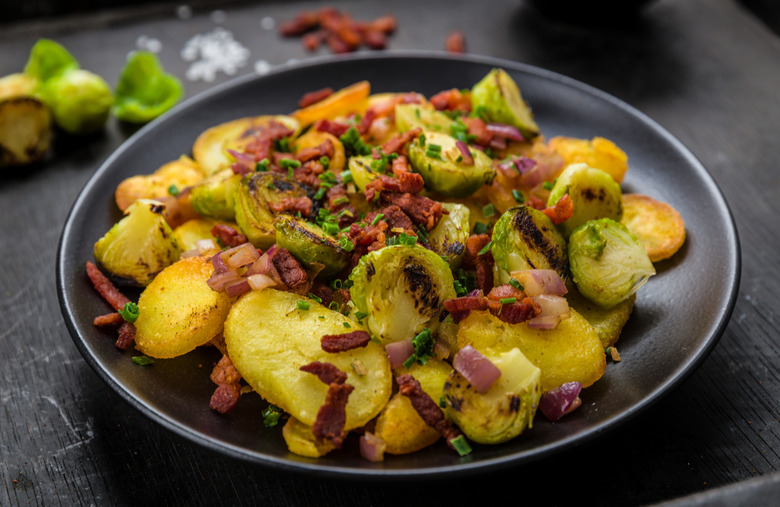 Beer-Roasted Potatoes With Brussels Sprouts and Bacon