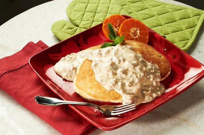 Buttermilk Biscuit Pancakes with Sausage Gravy