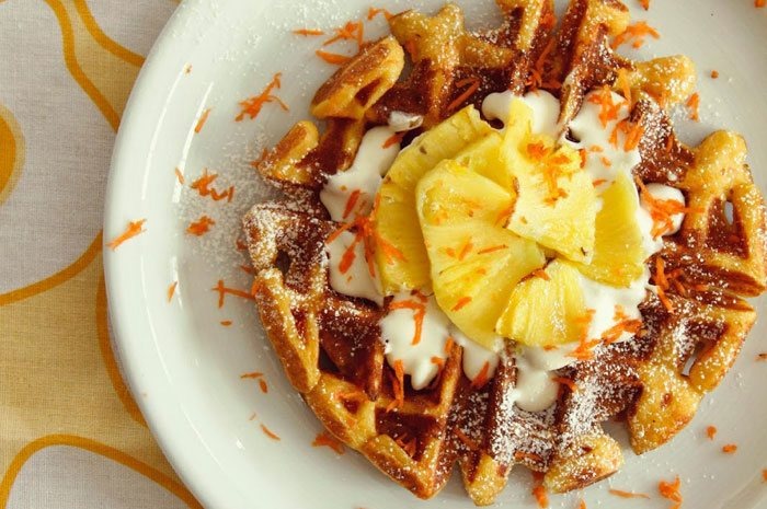 Carrot Waffles with Mascarpone Cream and Roasted Pineapple