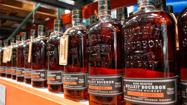 Bulleit bourbon bottles on shelf